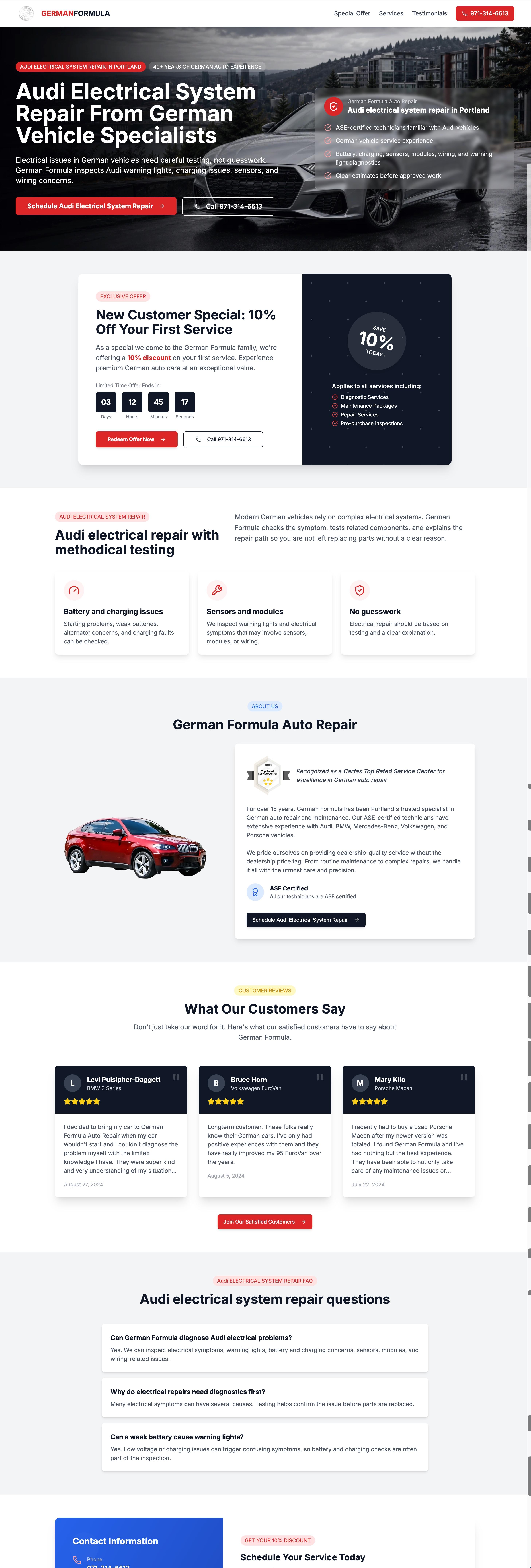 Audi electrical system repair landing page for German Formula