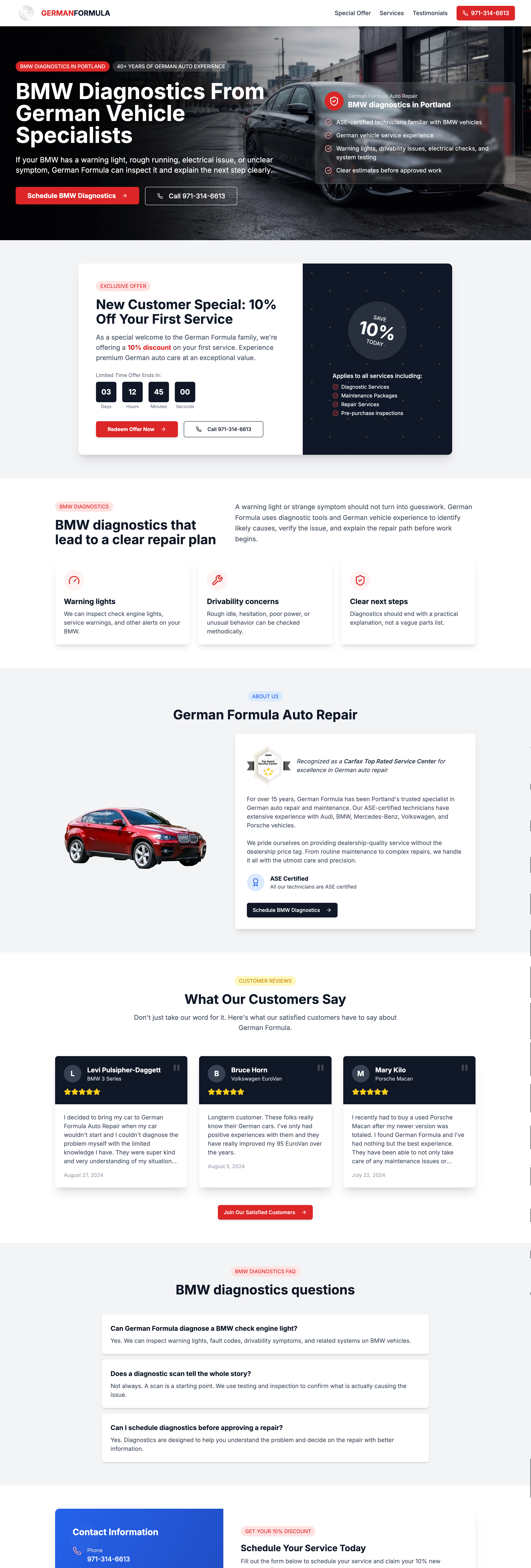 BMW diagnostics landing page for German Formula
