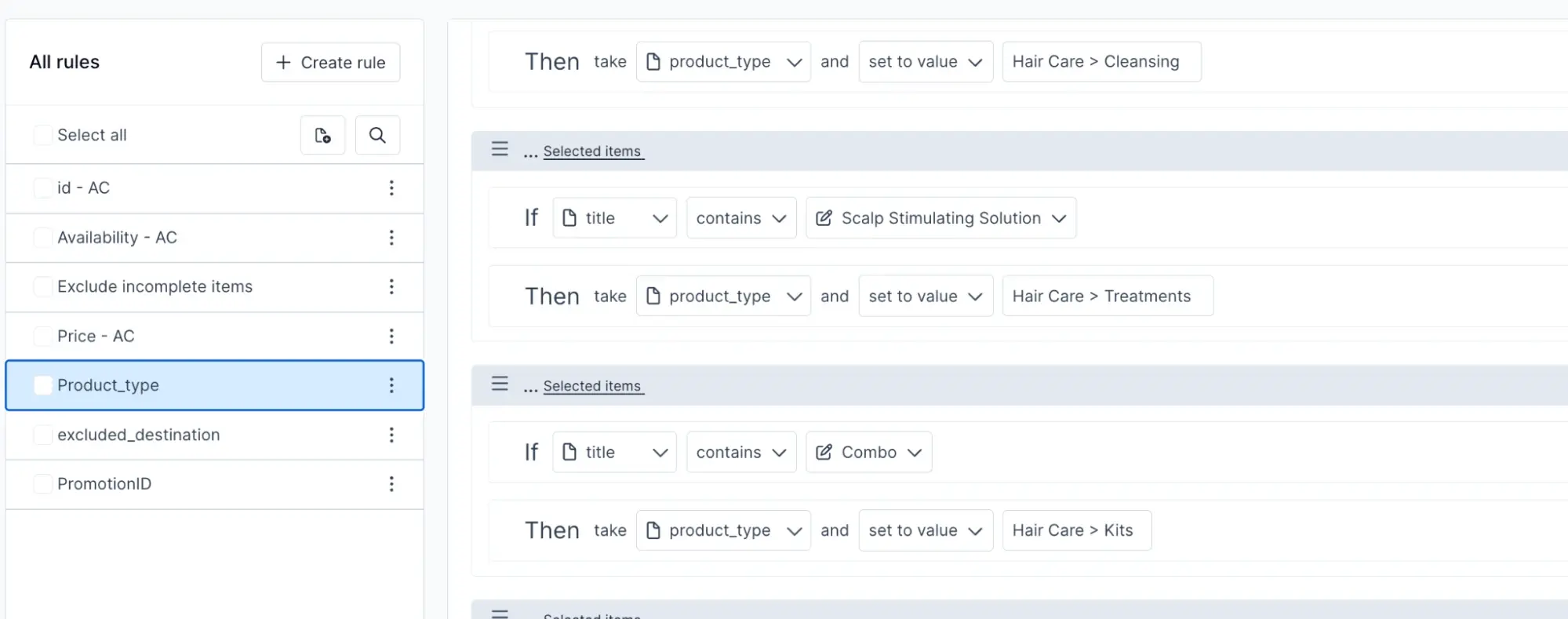 Product feed rules organized by hair care product type