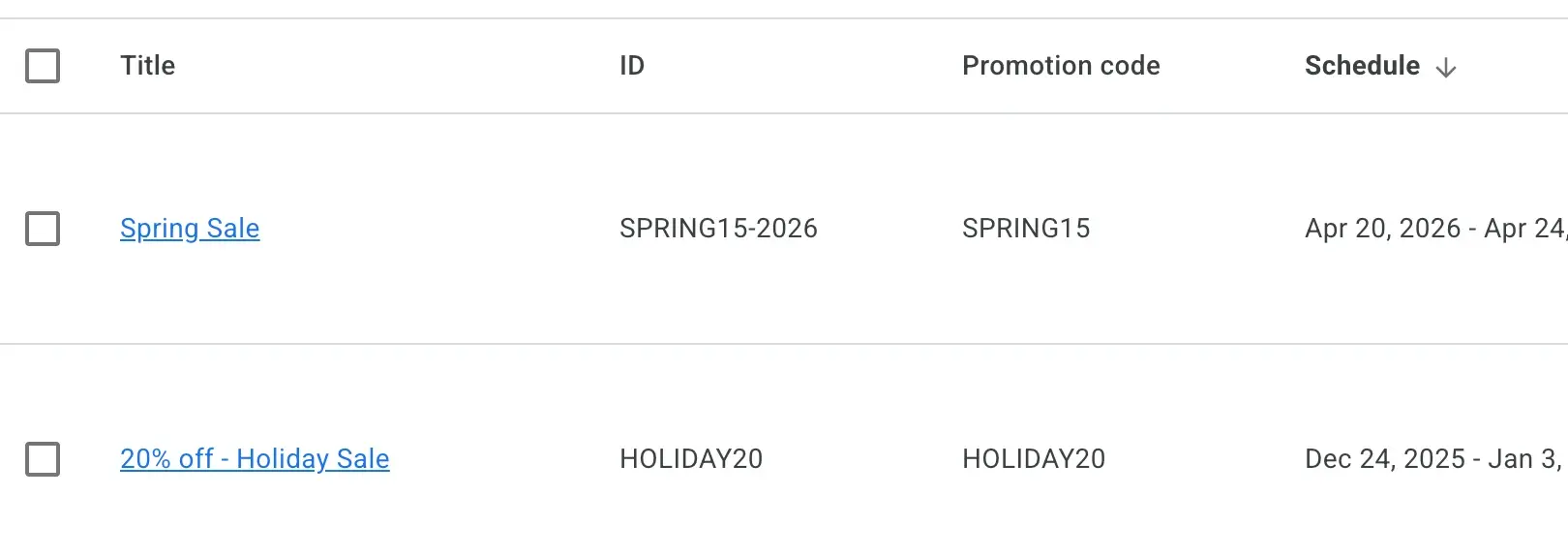 Merchant Center promotions list with seasonal offers