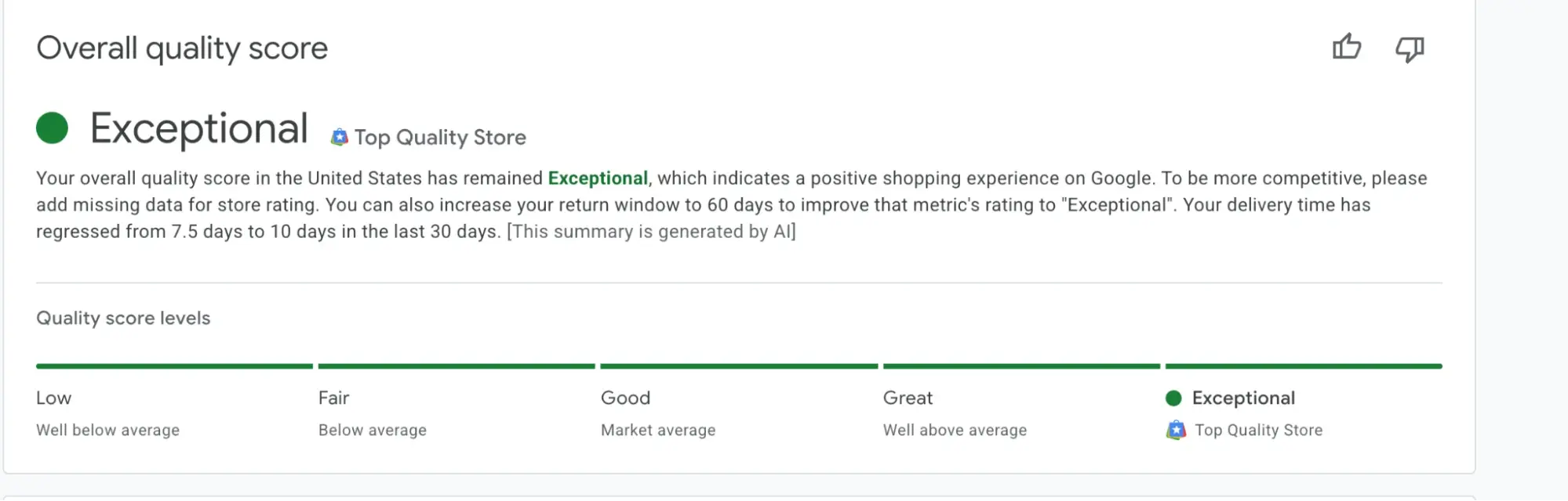 Merchant Center quality score showing top quality store status