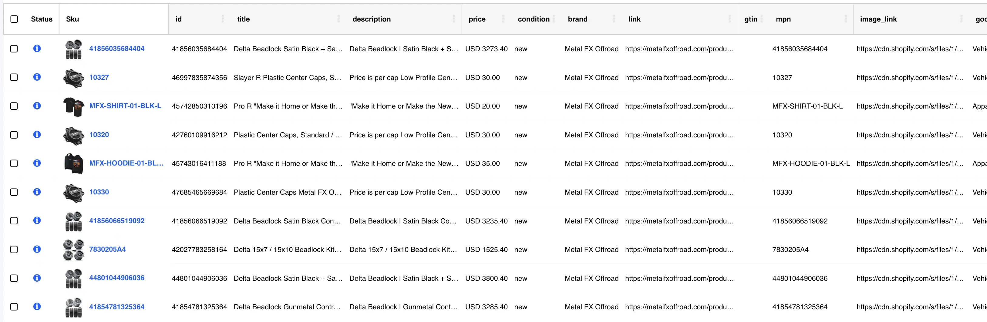 Off-road e-commerce client product feed table